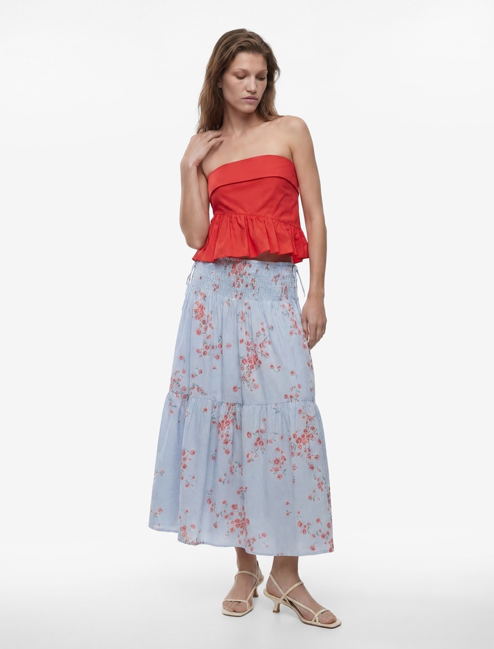  Viskon Kumaş Belden Oturtmalı Bağlamalı Gipeli Çiçekli Çizgili Uzun Etek