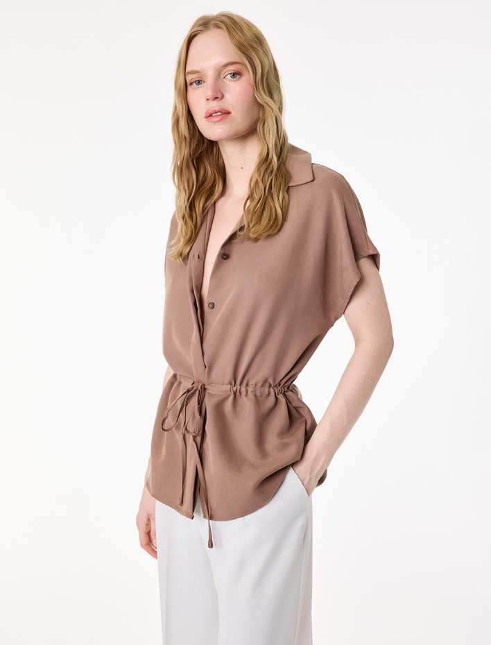  Modal Cupro Kumaş Kap Kol Belden Bağlama Detaylı Gömlek