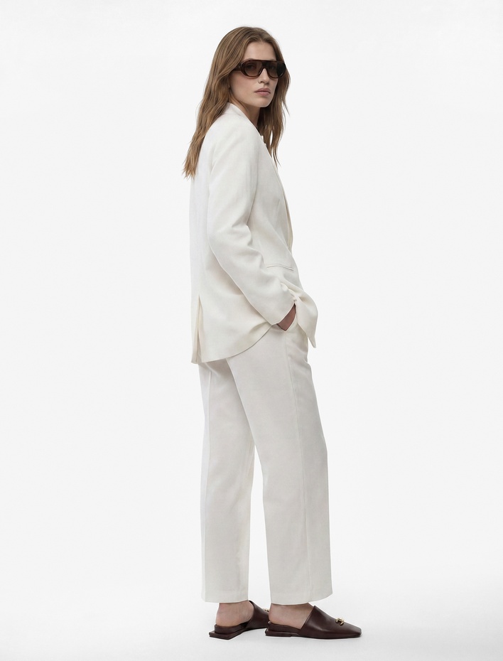  Cepli Düz Geniş Paça Keten Pantolon