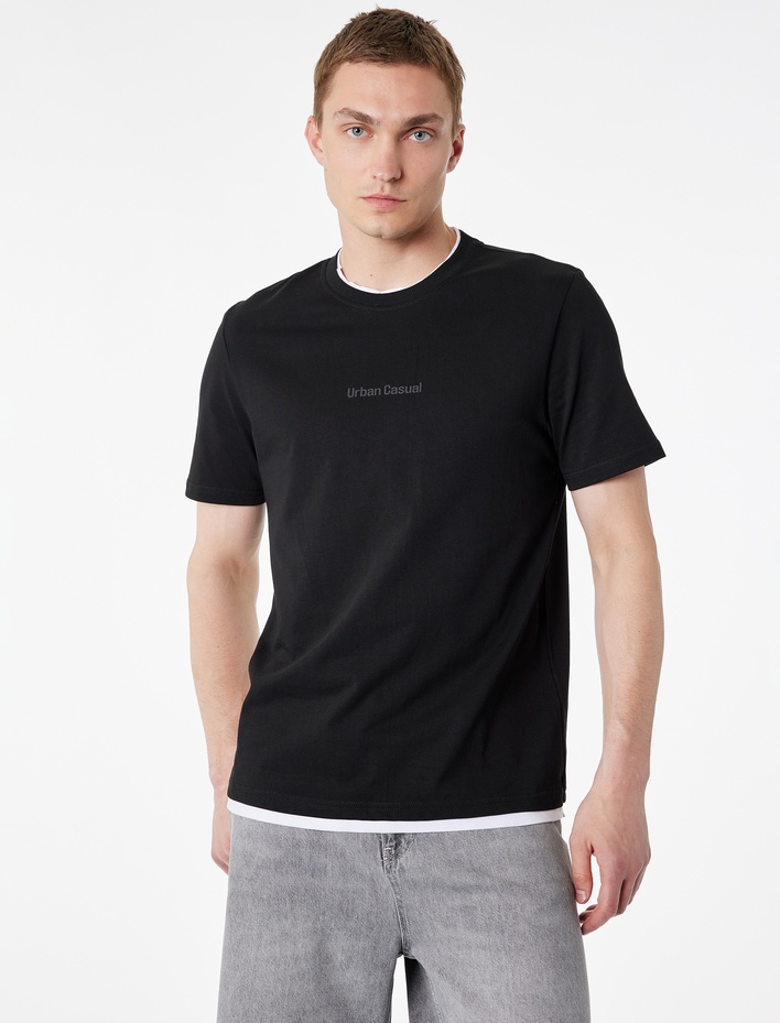  Regular Fit Kısa Kollu Bisiklet Yaka Pamuklu Kontrast Detaylı Baskılı Tişört