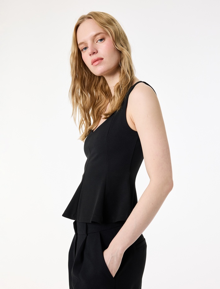  V Yaka Kolsuz Slim Fit Krep Peplum Bluz