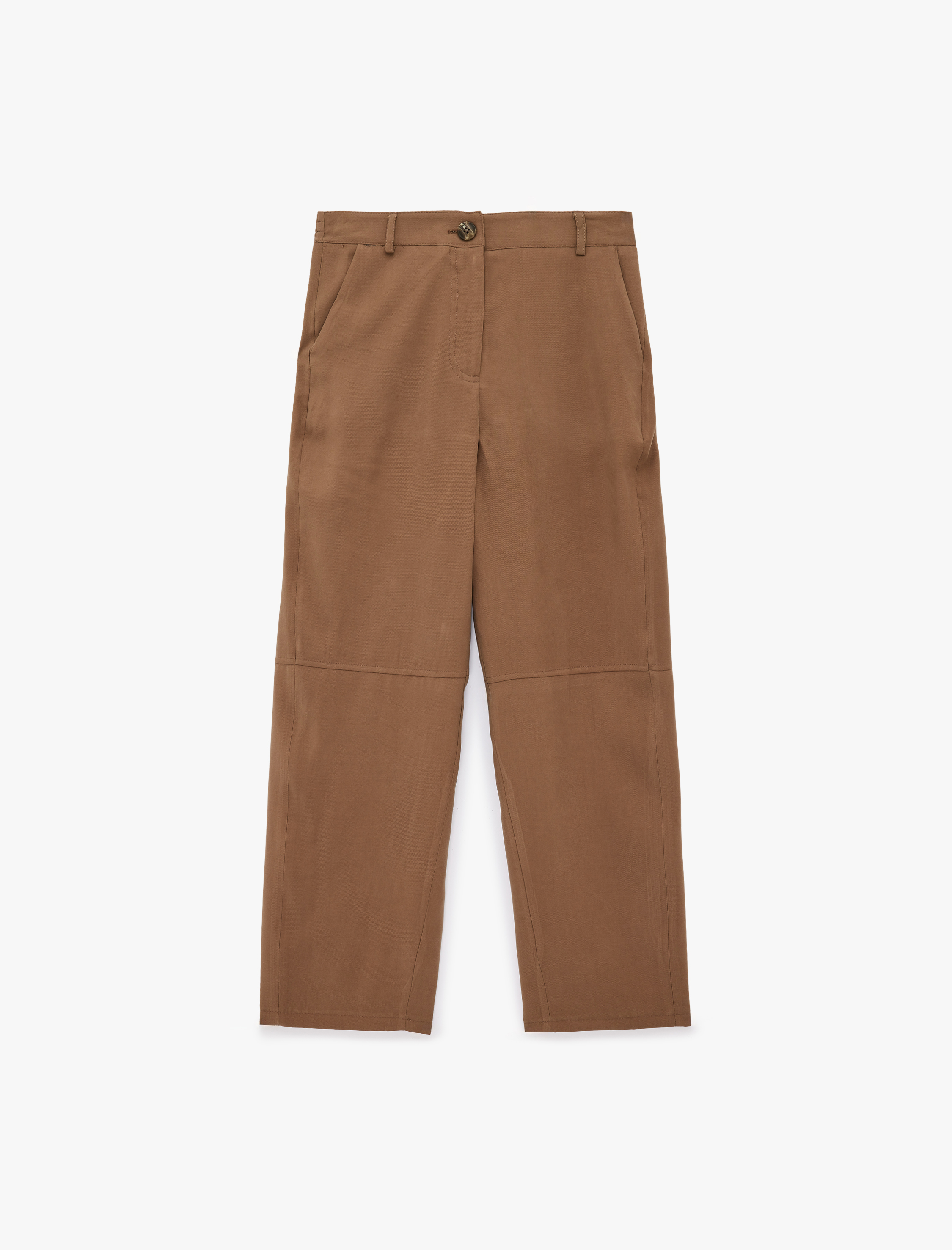   Viskon Cupro Kumaş Beli Lastikli Cepli Düz Bol Paça Pantolon