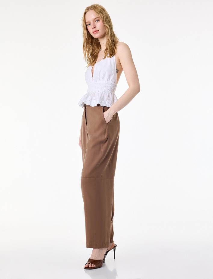  Viskon Cupro Kumaş Beli Lastikli Cepli Düz Bol Paça Pantolon