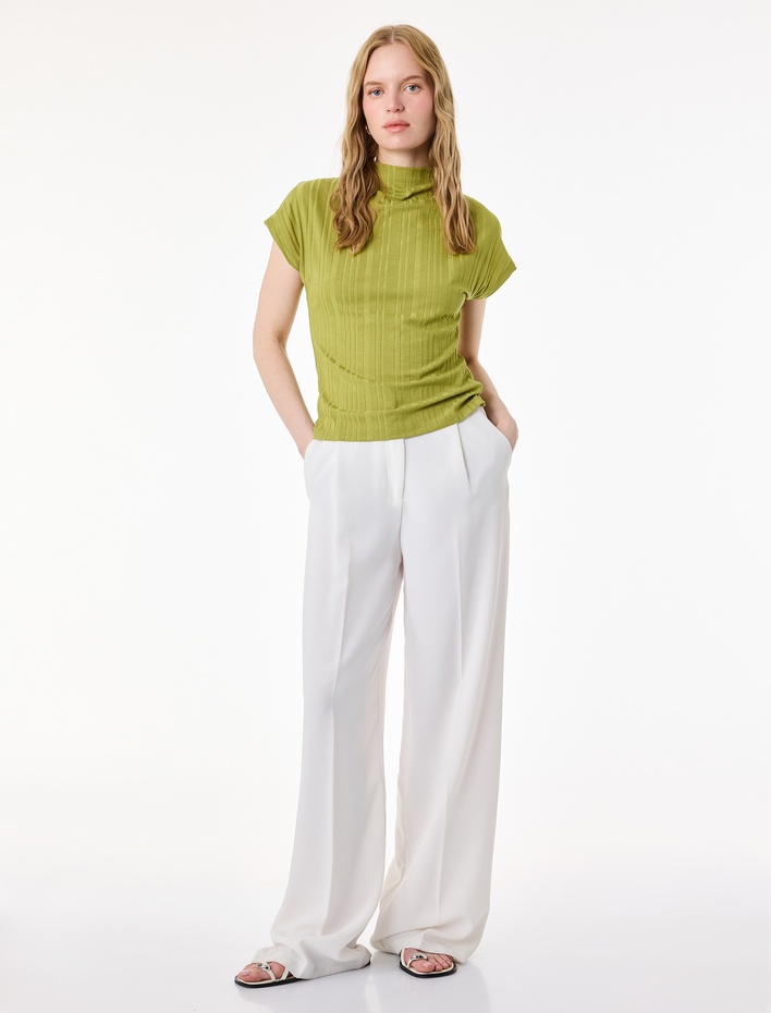  Pamuklu Kaşkorse Kumaş Slim Fit Kap Kol Dik Yaka Bluz