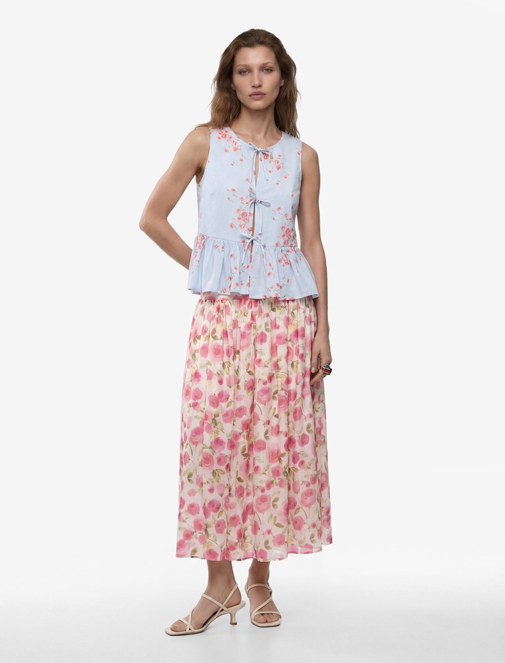  Modal Kumaş Çan Kesim Belden Oturtmalı Çiçek Desenli Midi Etek