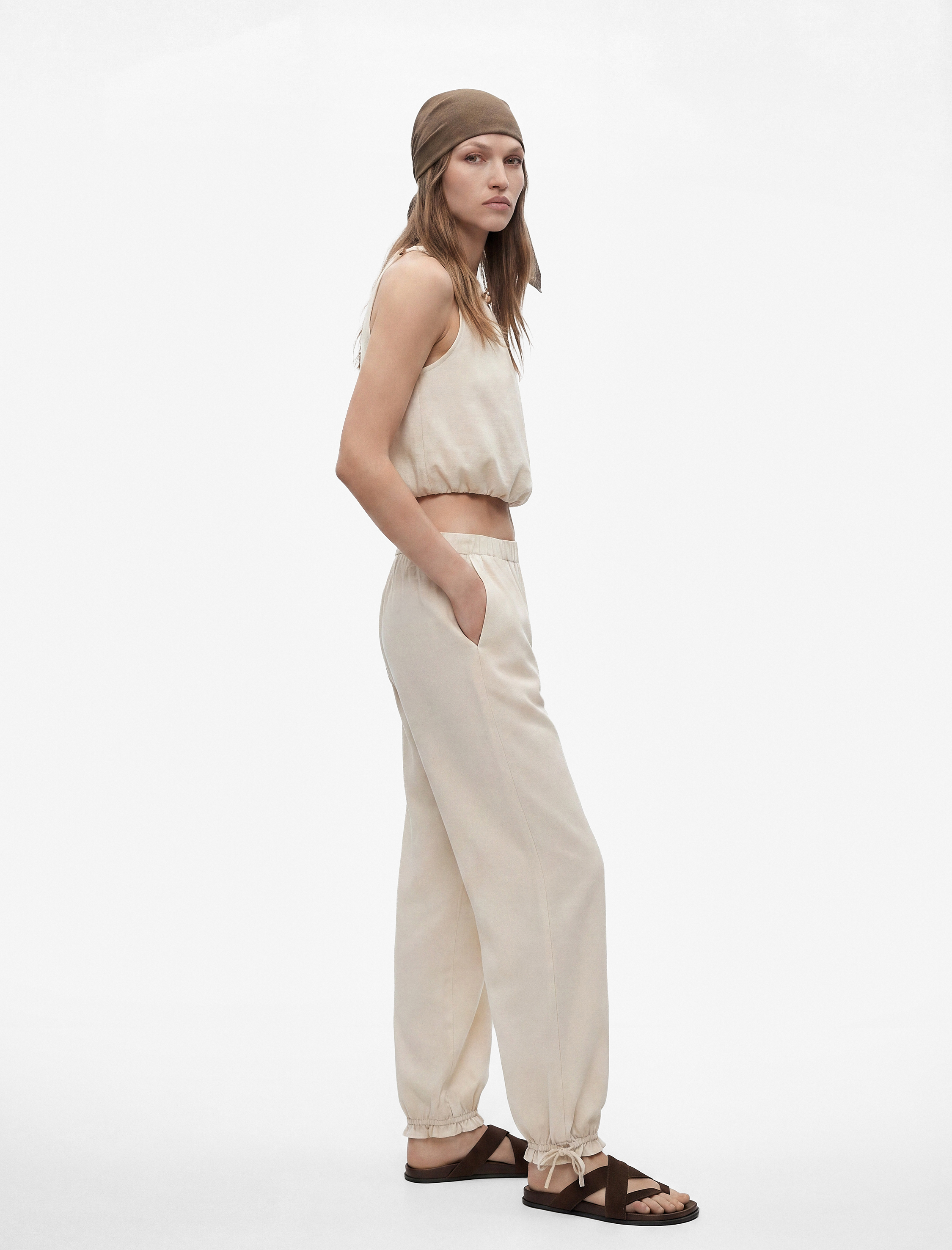   Yüksek Bel Lastik Detaylı Keten Şalvar Pantolon