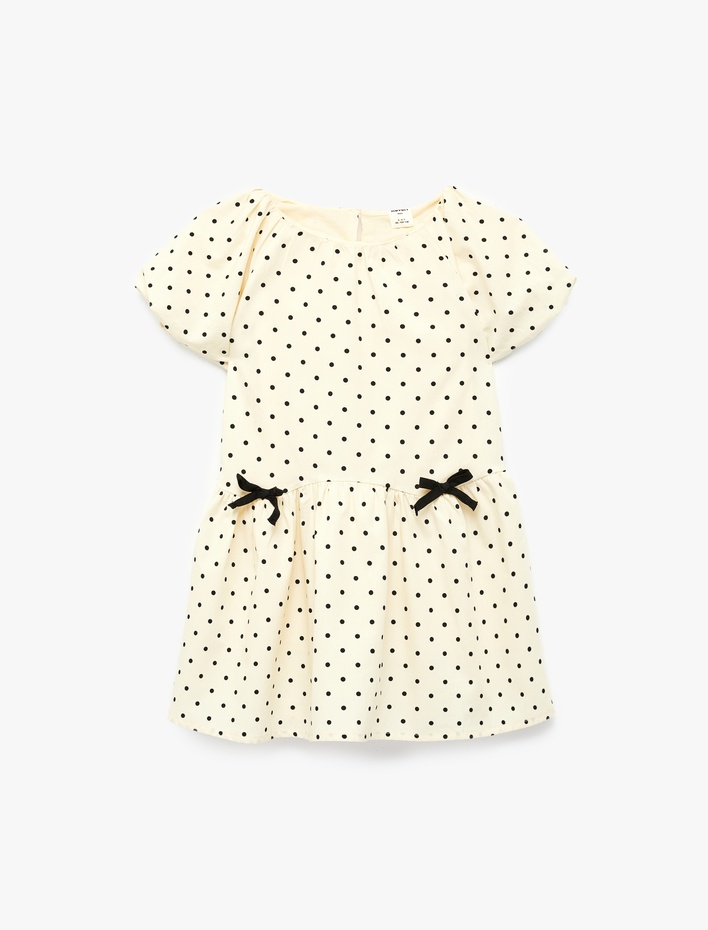 Kız Bebek Pamuklu Fiyonk Detaylı Kısa Kollu Puantiyeli Elbise