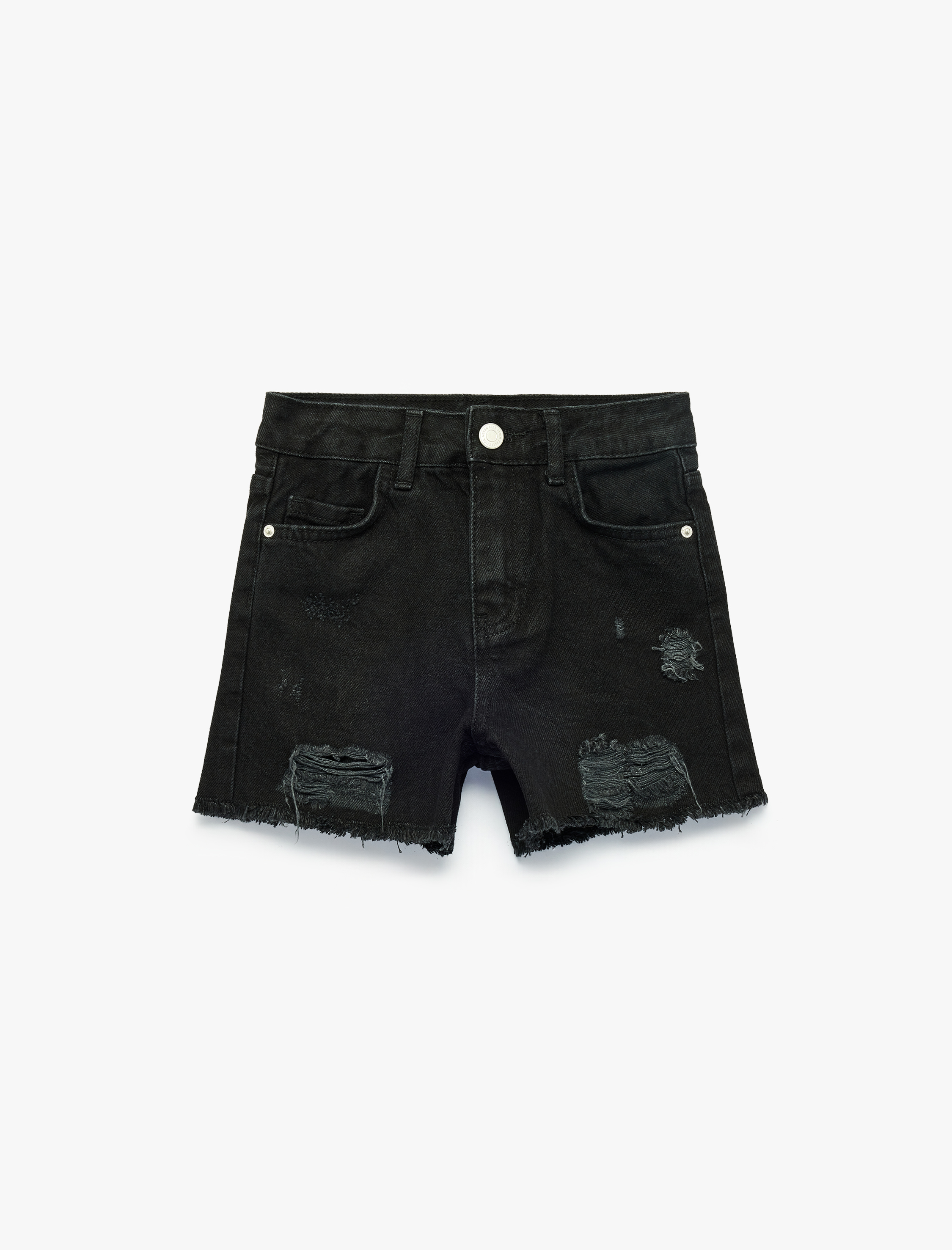  Kız Çocuk Pamuklu Yıpratılmış Detaylı Saçaklı Denim Şort