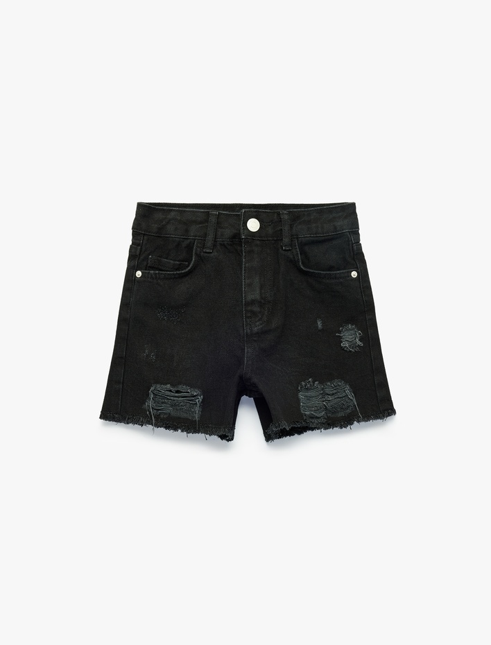 Kız Çocuk Pamuklu Yıpratılmış Detaylı Saçaklı Denim Şort