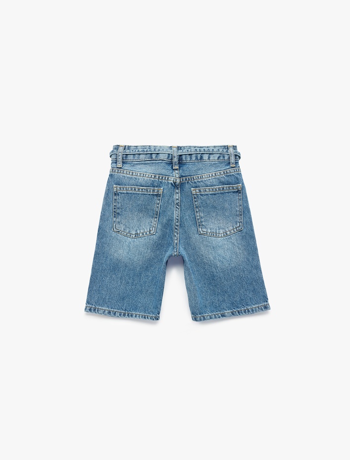 Erkek Çocuk Beli Bağcıklı Cepli Yıpratılmış Detaylı Pamuklu Denim Şort