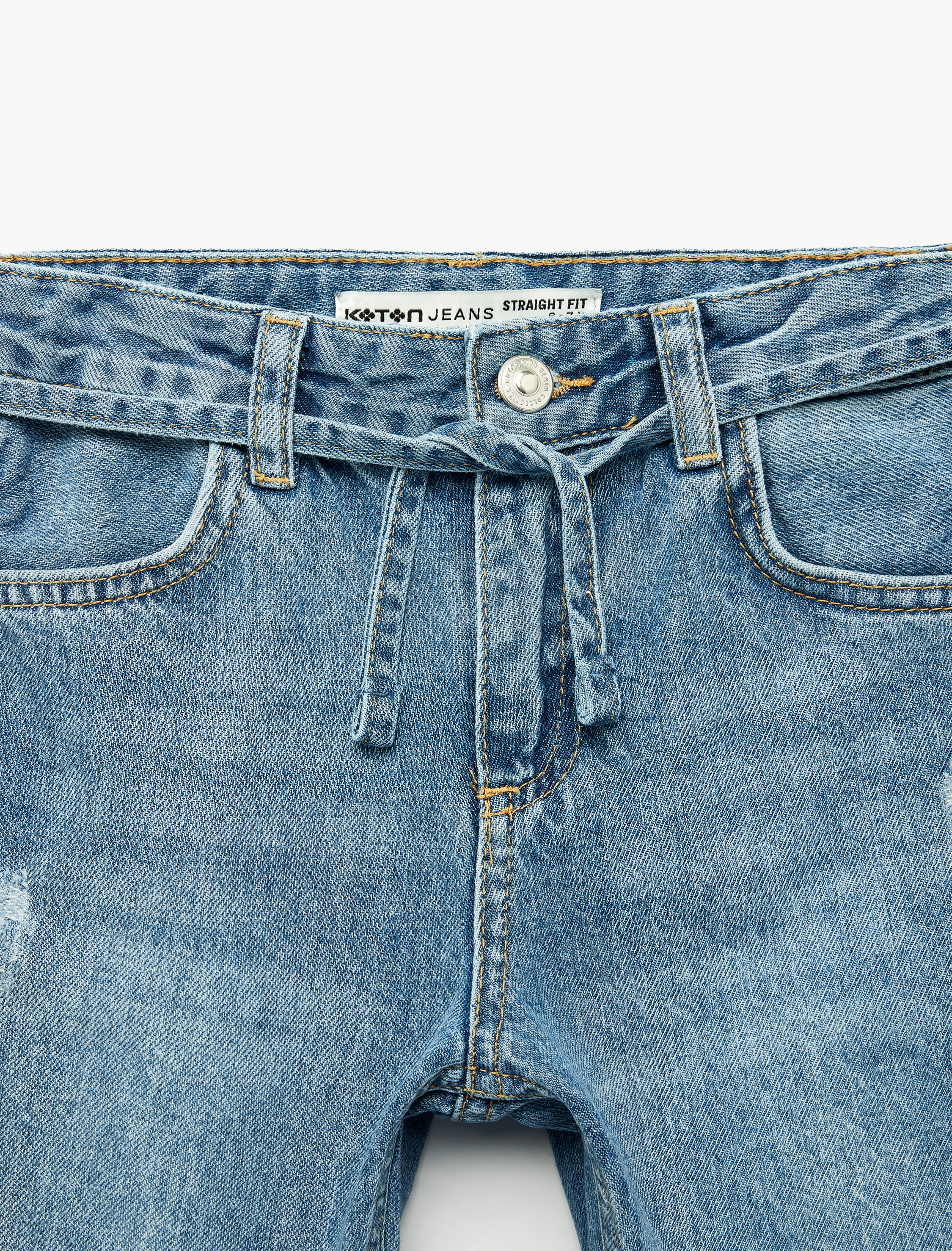  Erkek Çocuk Beli Bağcıklı Cepli Yıpratılmış Detaylı Pamuklu Denim Şort