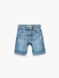 Beli Bağcıklı Cepli Yıpratılmış Detaylı Pamuklu Denim Şort