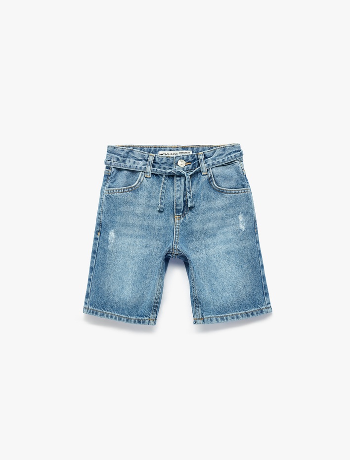 Erkek Çocuk Beli Bağcıklı Cepli Yıpratılmış Detaylı Pamuklu Denim Şort