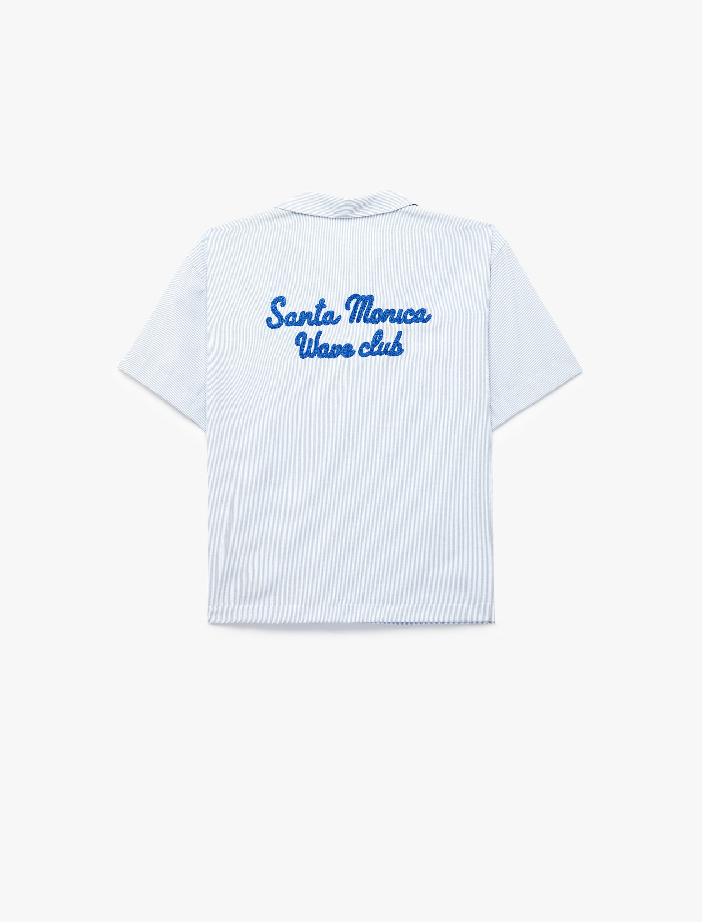  Erkek Çocuk Arkası Nakış Detaylı Devrik Yaka Kısa Kollu Çizgili Poplin Gömlek