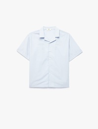 Arkası Nakış Detaylı Devrik Yaka Kısa Kollu Çizgili Poplin Gömlek