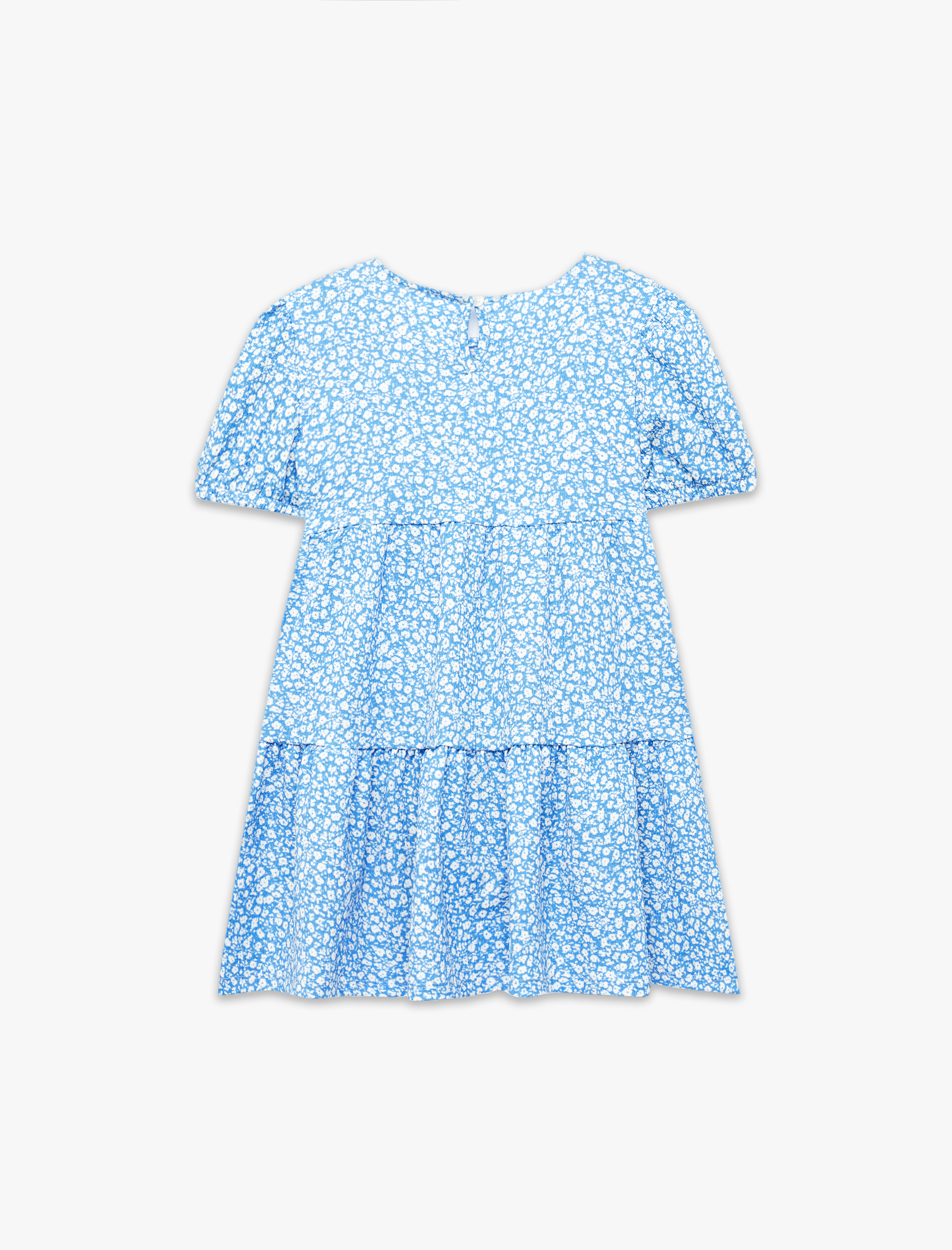  Kız Bebek Balon Kollu Bisiklet Yaka Kat Detaylı Çiçekli Elbise