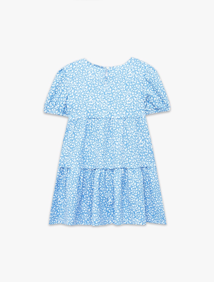 Kız Bebek Balon Kollu Bisiklet Yaka Kat Detaylı Çiçekli Elbise