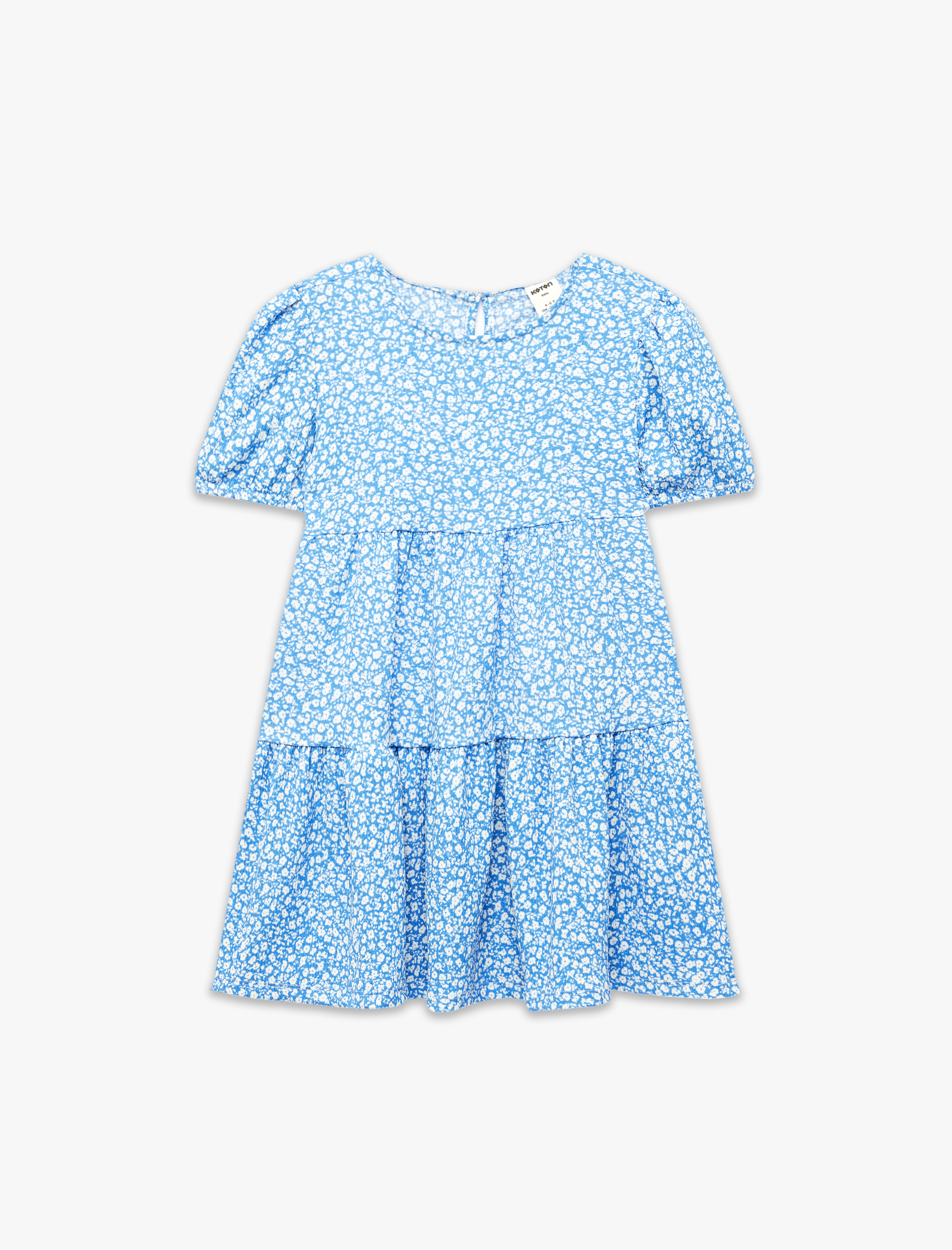  Kız Bebek Balon Kollu Bisiklet Yaka Kat Detaylı Çiçekli Elbise