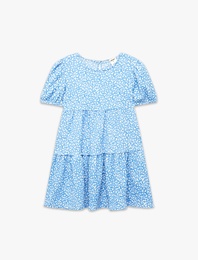 Balon Kollu Bisiklet Yaka Kat Detaylı Çiçekli Elbise