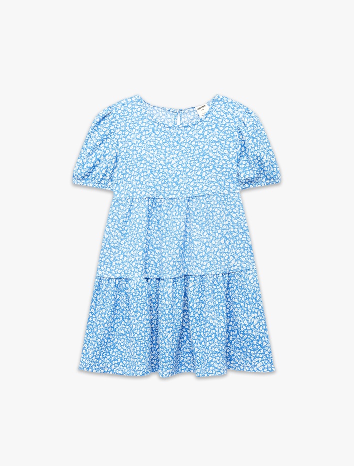 Kız Bebek Balon Kollu Bisiklet Yaka Kat Detaylı Çiçekli Elbise