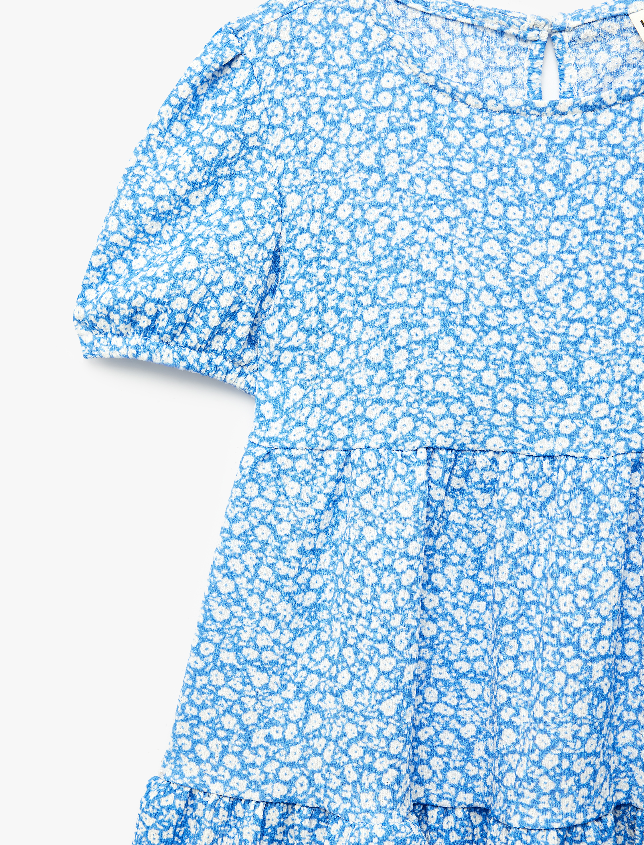  Kız Bebek Balon Kollu Bisiklet Yaka Kat Detaylı Çiçekli Elbise