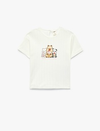 Kısa Kollu Bisiklet Yaka Baskılı Pamuklu Tişört