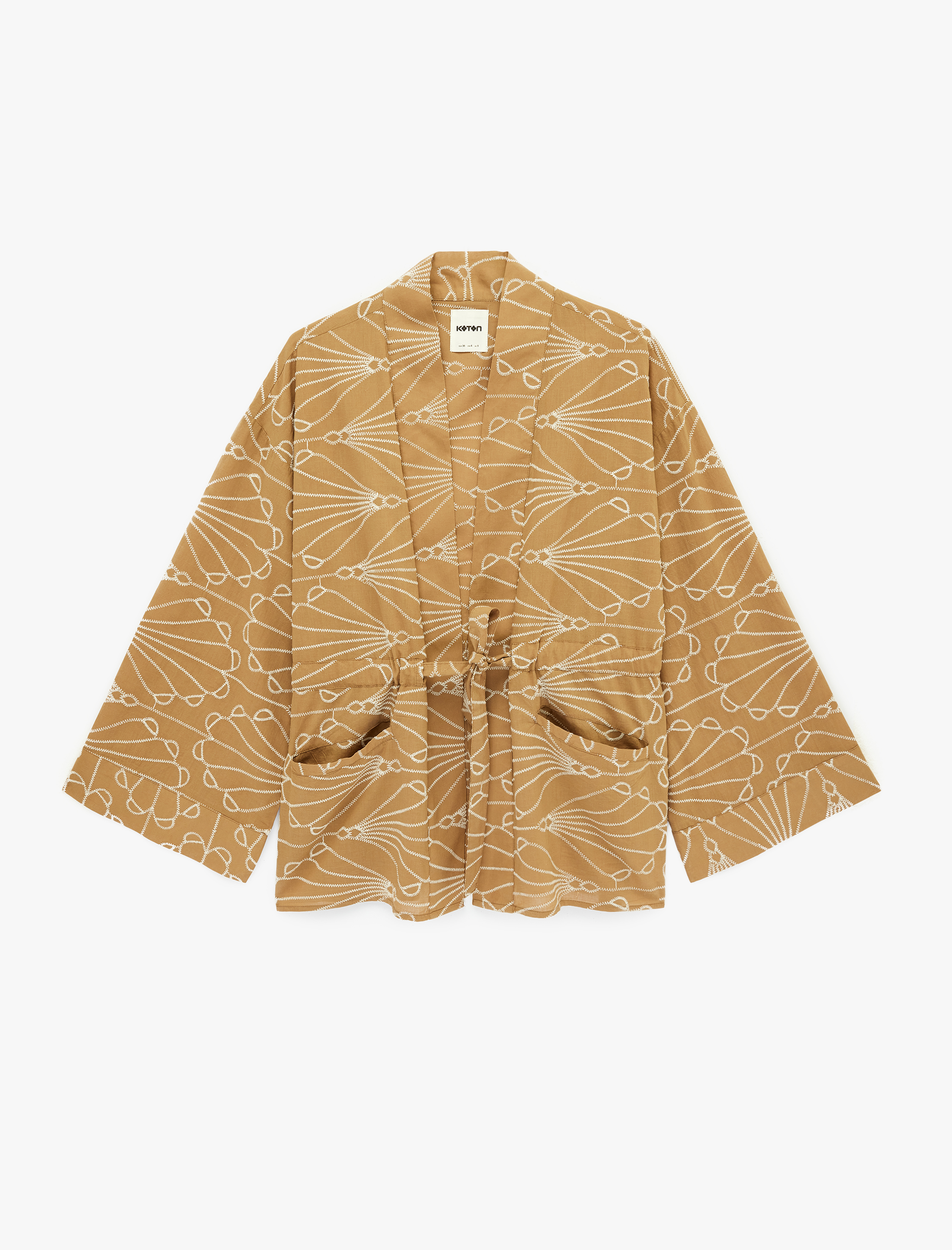   Keten Görünümlü Cepli Kruvaze Bağlama Detaylı Uzun Kollu İşlemeli Kimono