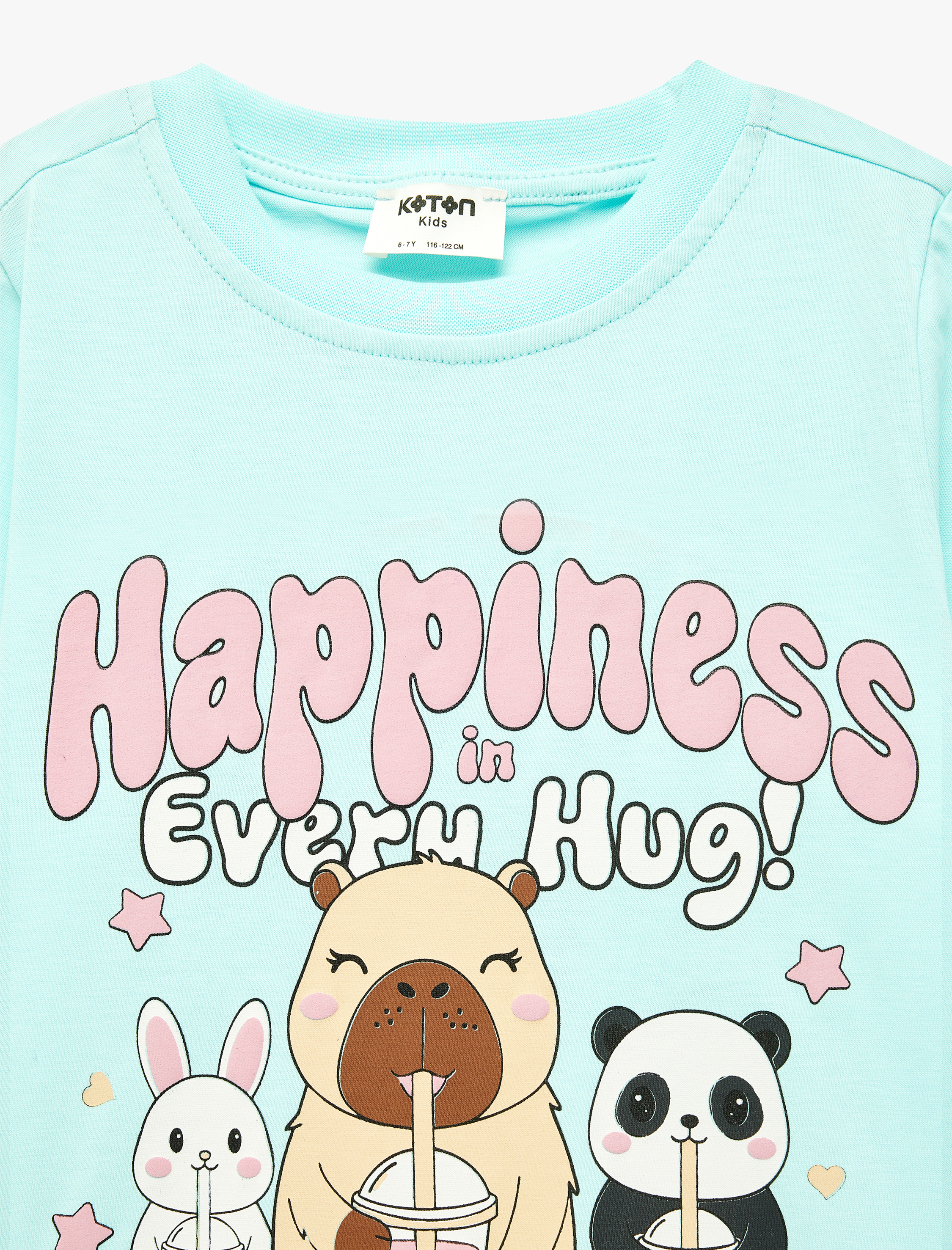  Kız Çocuk Bisiklet Yaka Kısa Kollu Pamuklu Baskılı Tişört