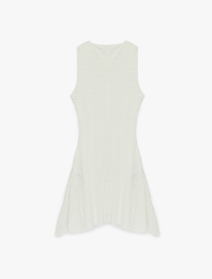  Bürümcük Kumaş Slim Fit Drapeli Asimetrik Kesim Bisiklet Yaka Kolsuz Mini Elbise