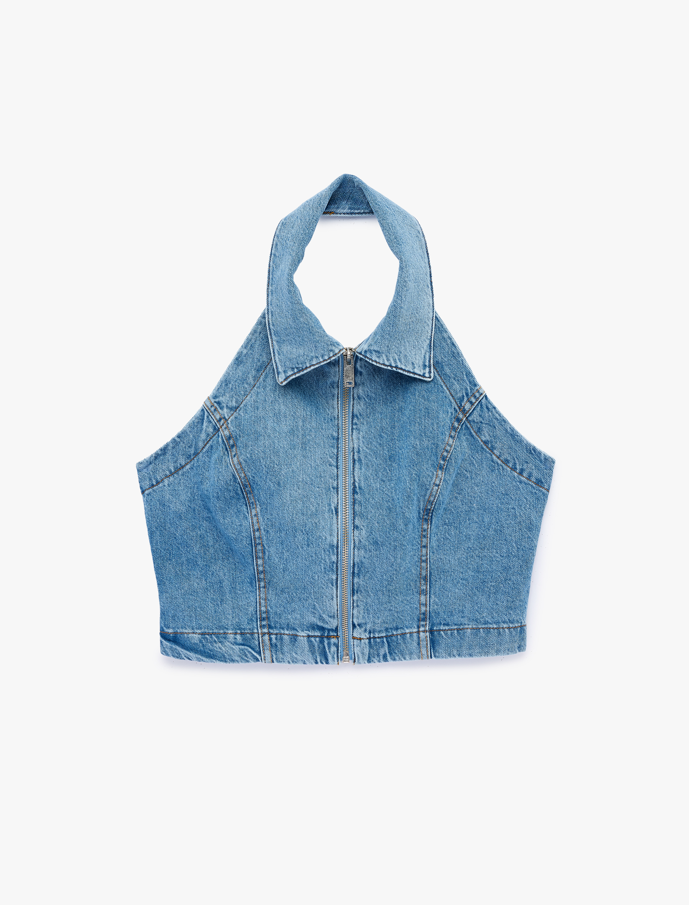   Fermuar Detaylı Halter Yaka Crop Kolsuz Denim Bluz