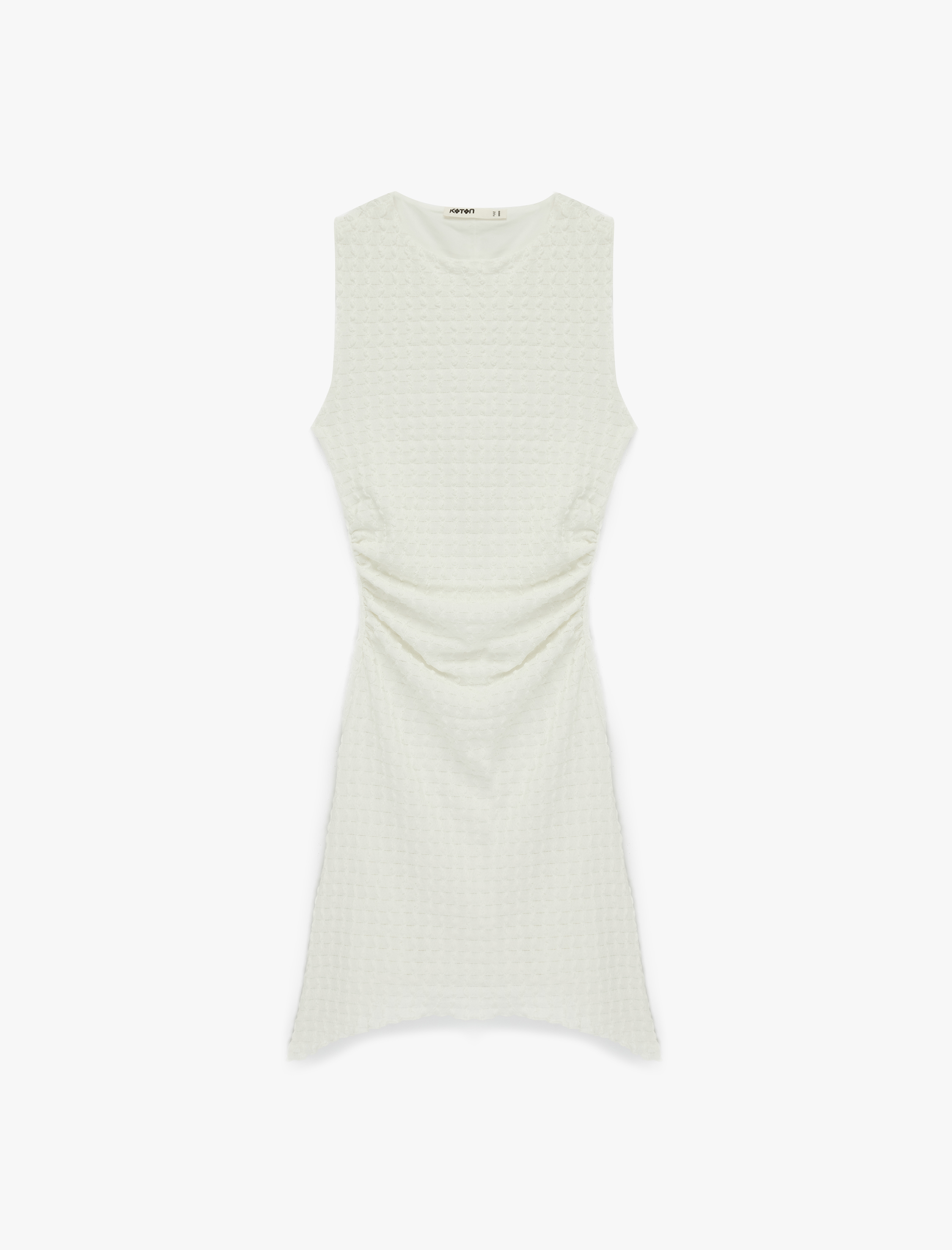   Bürümcük Kumaş Slim Fit Drapeli Asimetrik Kesim Bisiklet Yaka Kolsuz Mini Elbise