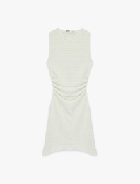 Bürümcük Kumaş Slim Fit Drapeli Asimetrik Kesim Bisiklet Yaka Kolsuz Mini Elbise