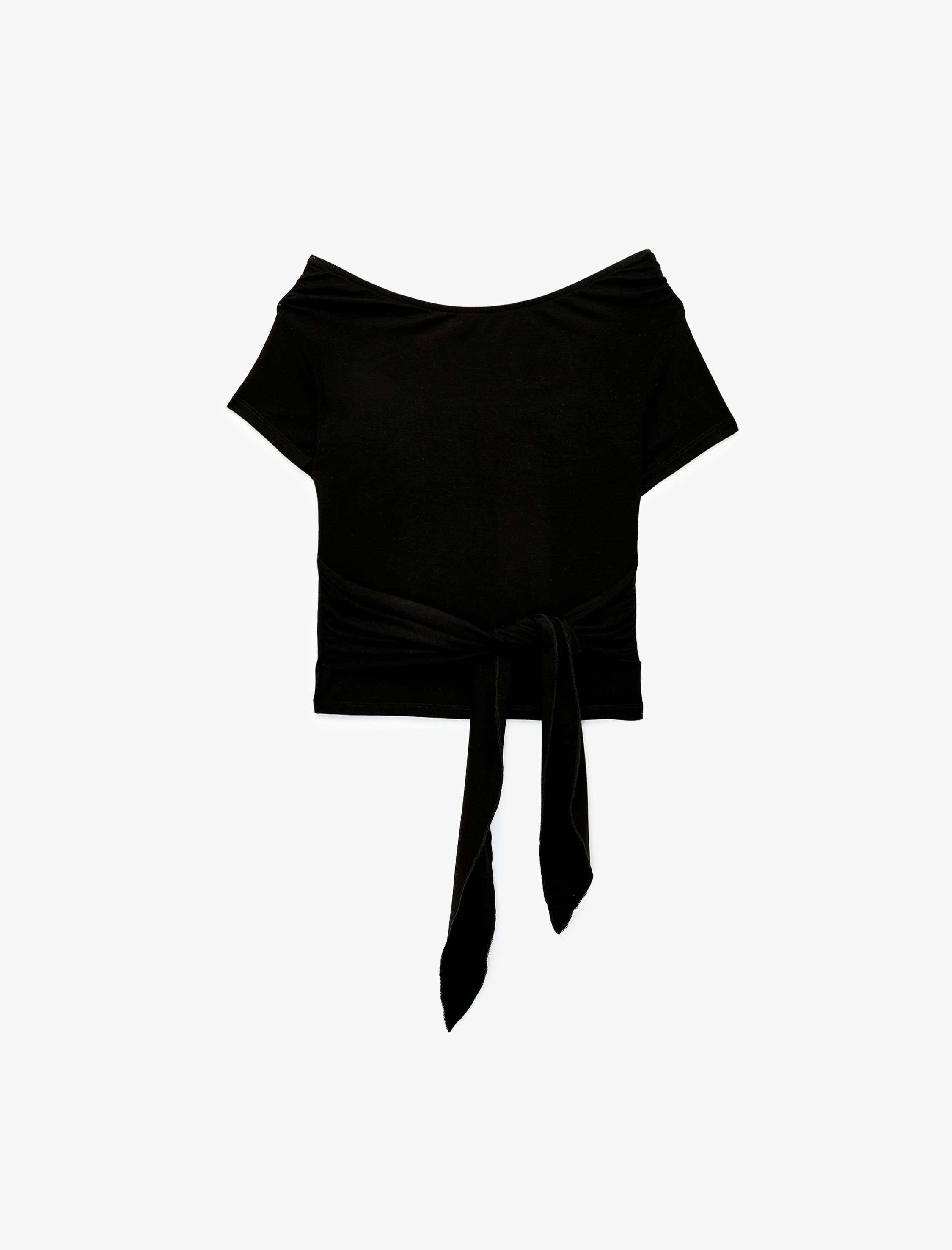   Likralı Viskon Kumaş Slim Fit Bağlama Detaylı Kayık Yaka Kısa Kollu Bluz