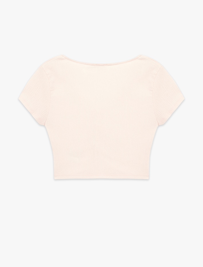  Bürümcük Kumaş Dantelli Slim Fit V Yaka Büzgülü Tişört