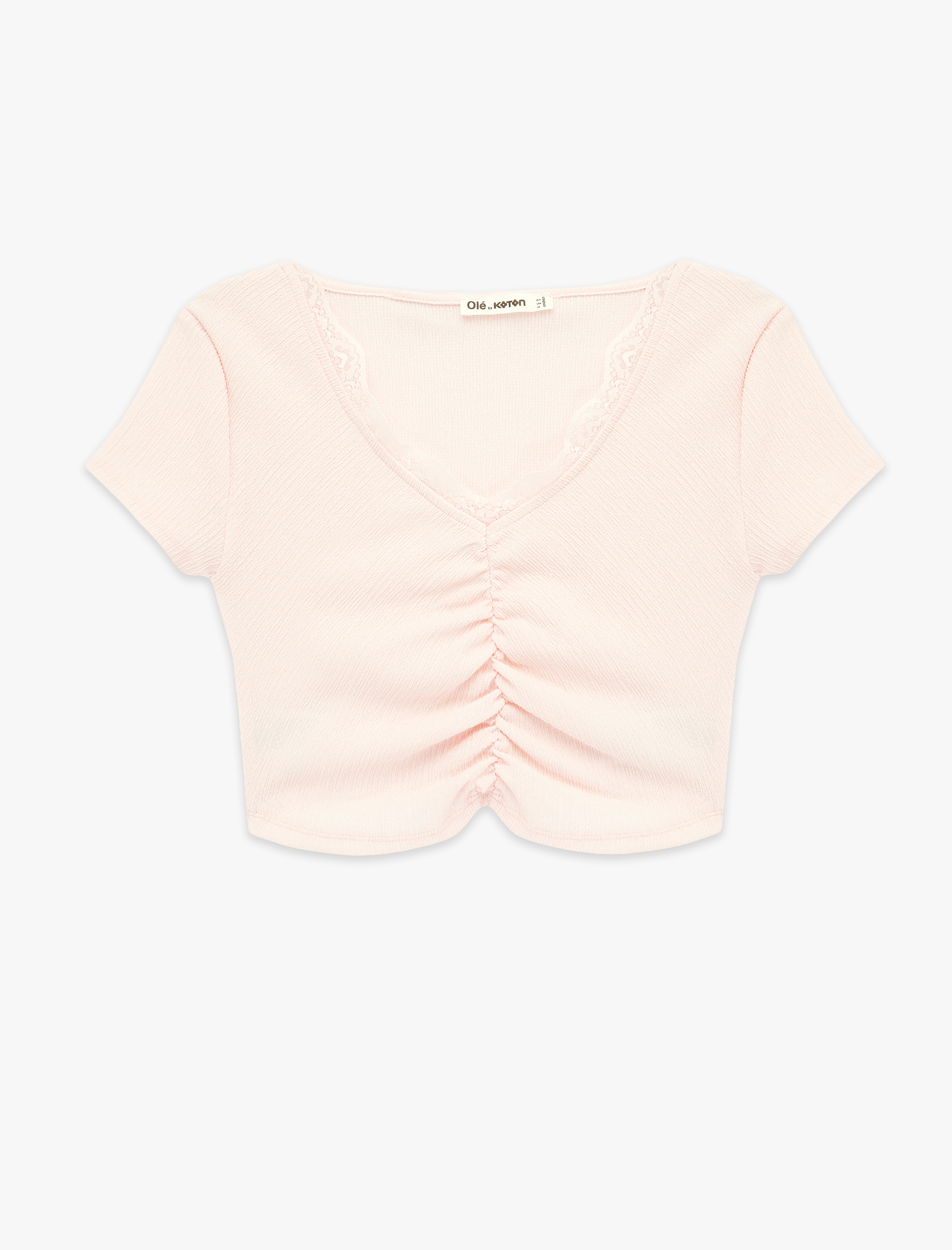   Bürümcük Kumaş Dantelli Slim Fit V Yaka Büzgülü Tişört