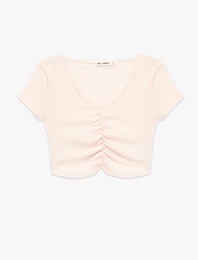 Bürümcük Kumaş Dantelli Slim Fit V Yaka Büzgülü Tişört