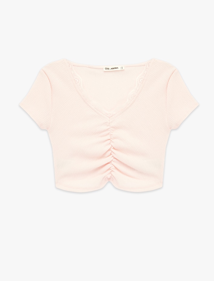  Bürümcük Kumaş Dantelli Slim Fit V Yaka Büzgülü Tişört