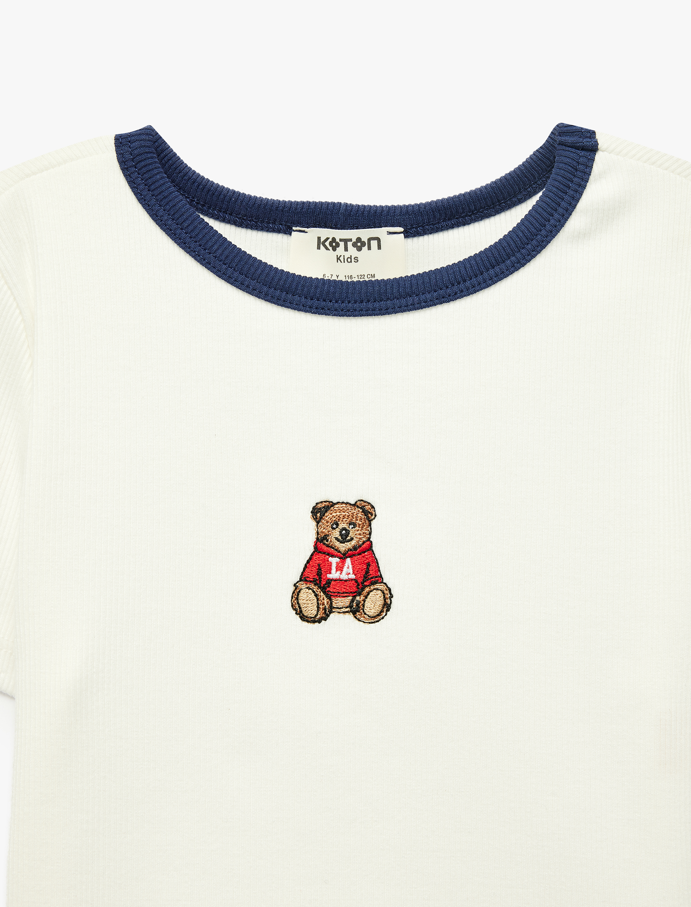  Kız Çocuk Ayıcık Nakışlı Bisiklet Yaka Pamuklu Tişört