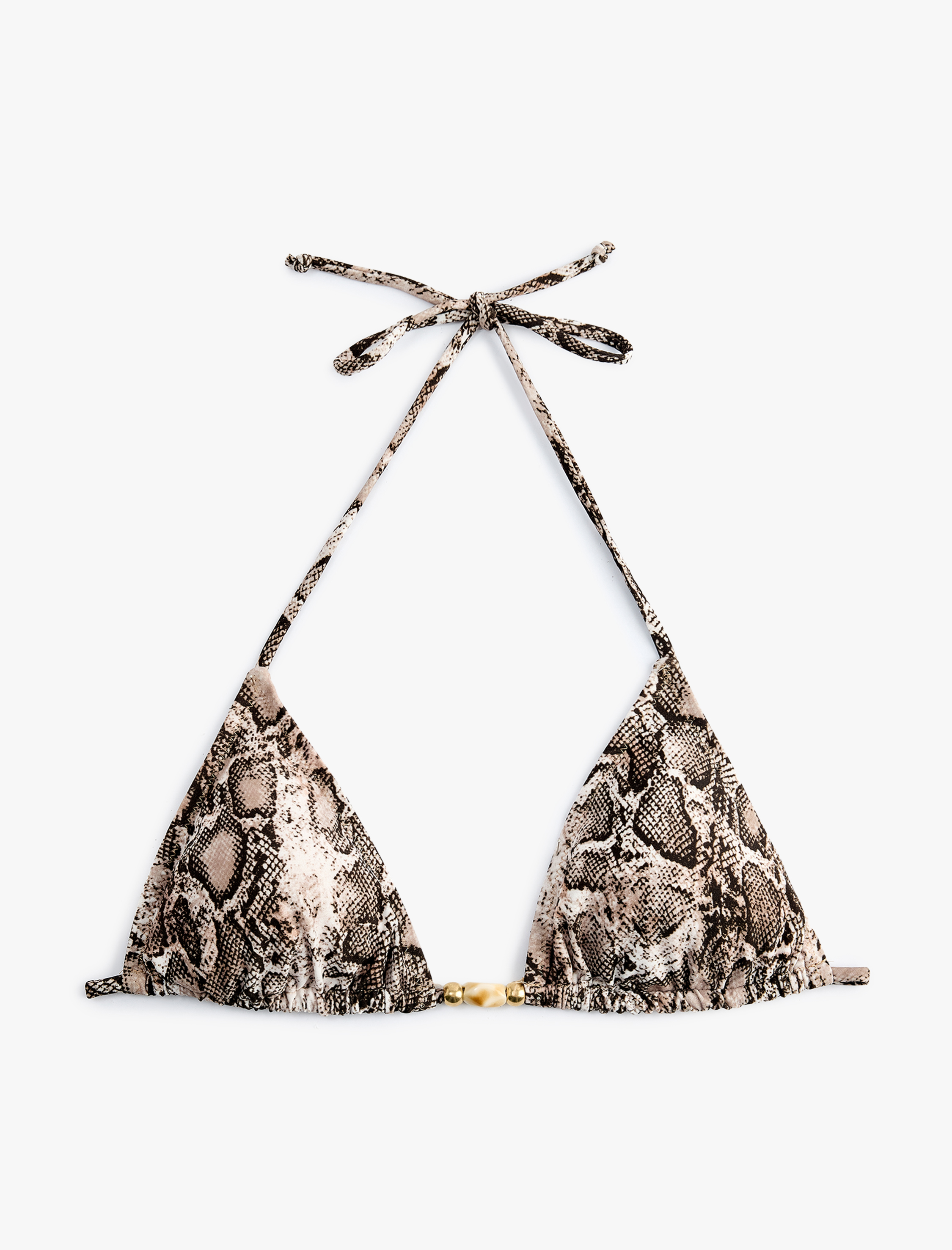   Aksesuar Detaylı Yılan Derisi Baskılı Üçgen Bikini Üstü