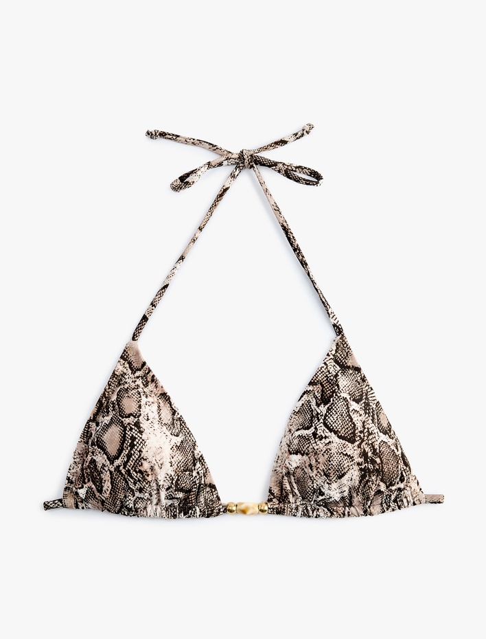  Aksesuar Detaylı Yılan Derisi Baskılı Üçgen Bikini Üstü