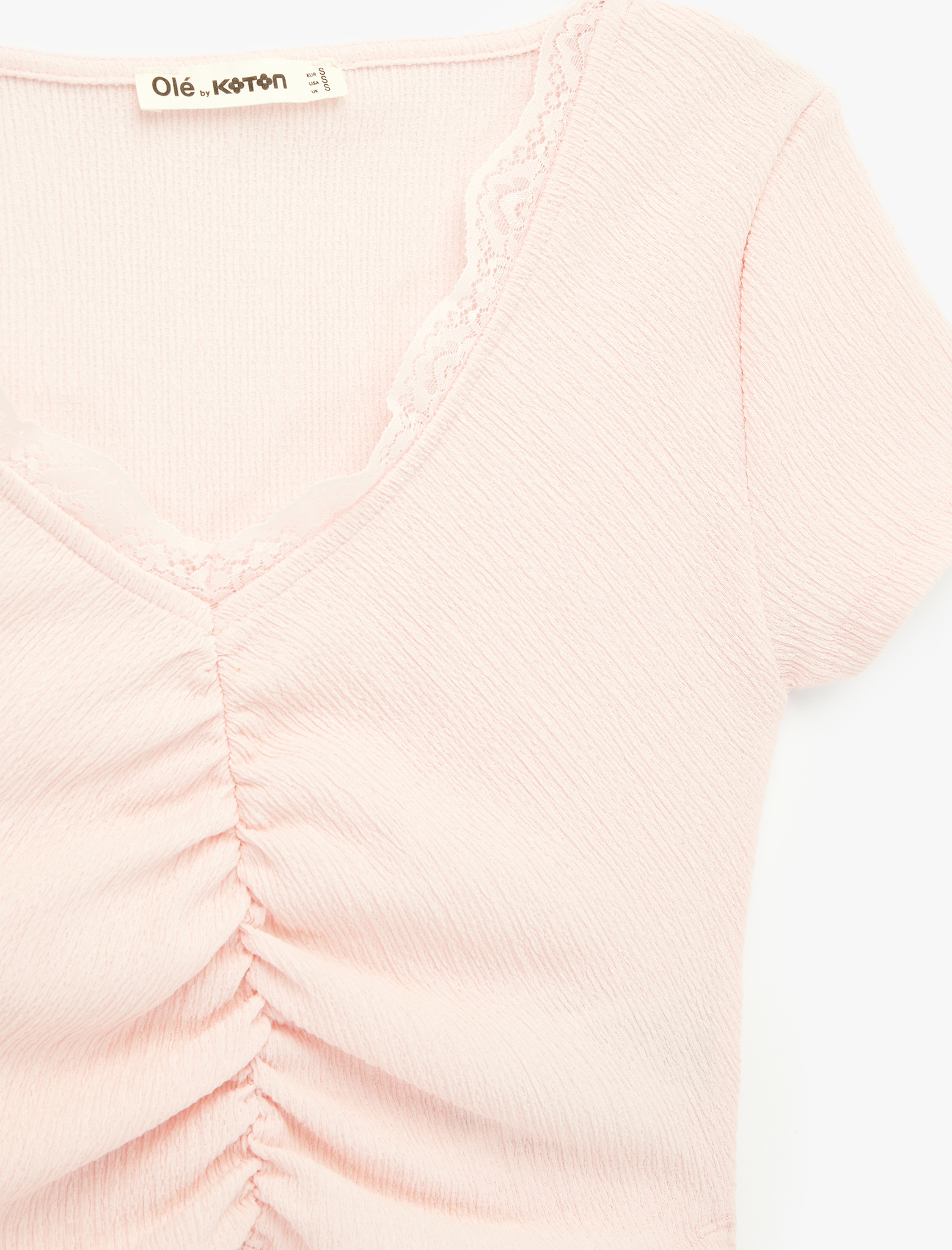   Bürümcük Kumaş Dantelli Slim Fit V Yaka Büzgülü Tişört