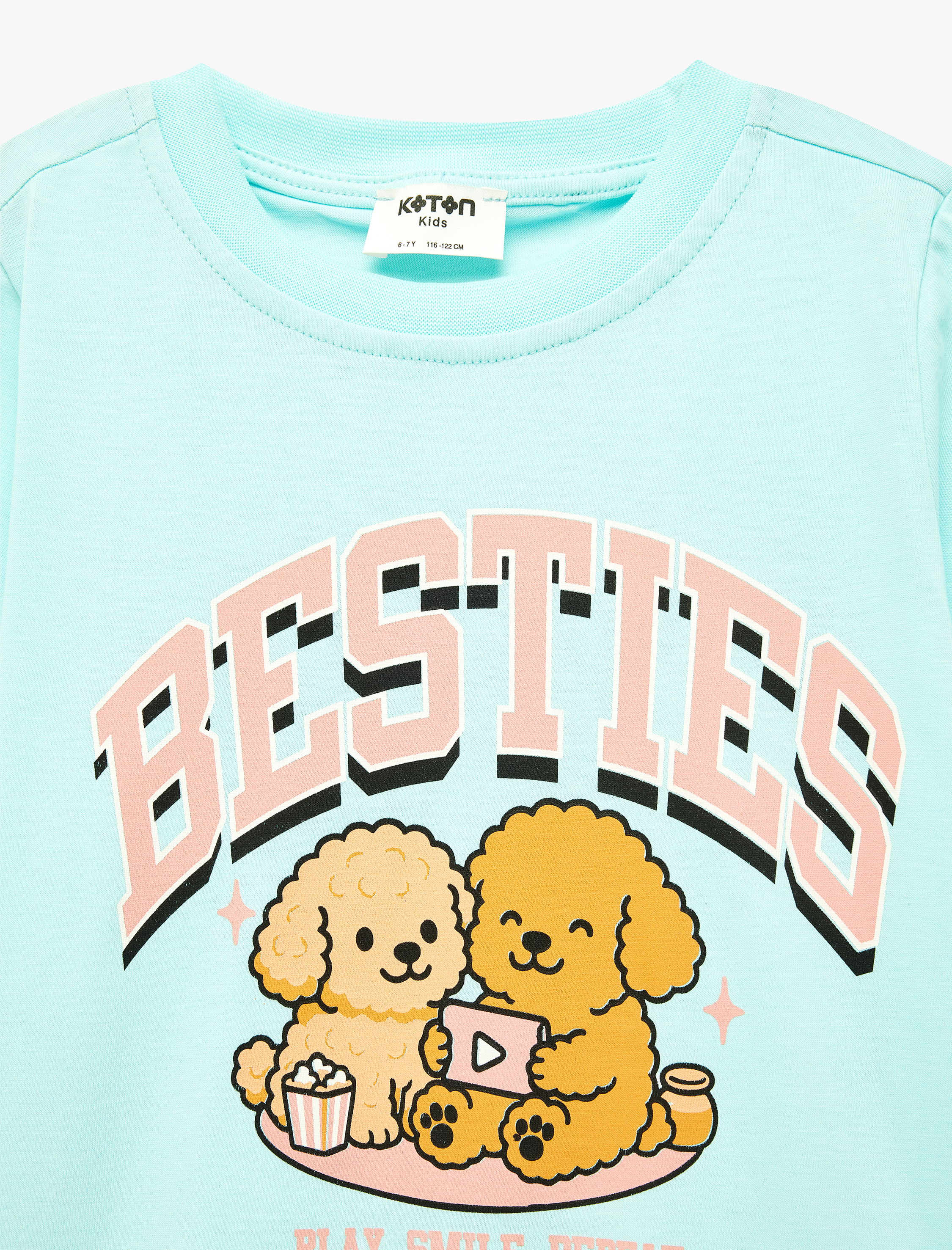  Kız Çocuk Pamuklu Kısa Kollu Bisiklet Yaka Köpek Baskılı Tişört