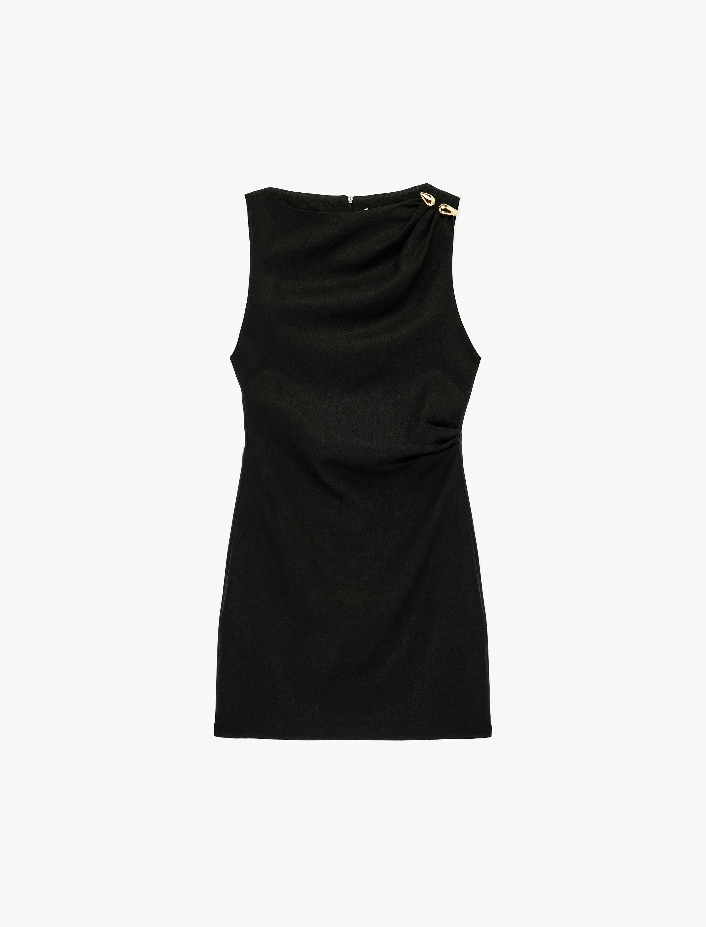   Kolsuz Bisiklet Yaka Aksesuar Detaylı Mini Keten Elbise