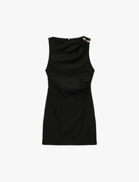 Kolsuz Bisiklet Yaka Aksesuar Detaylı Mini Keten Elbise