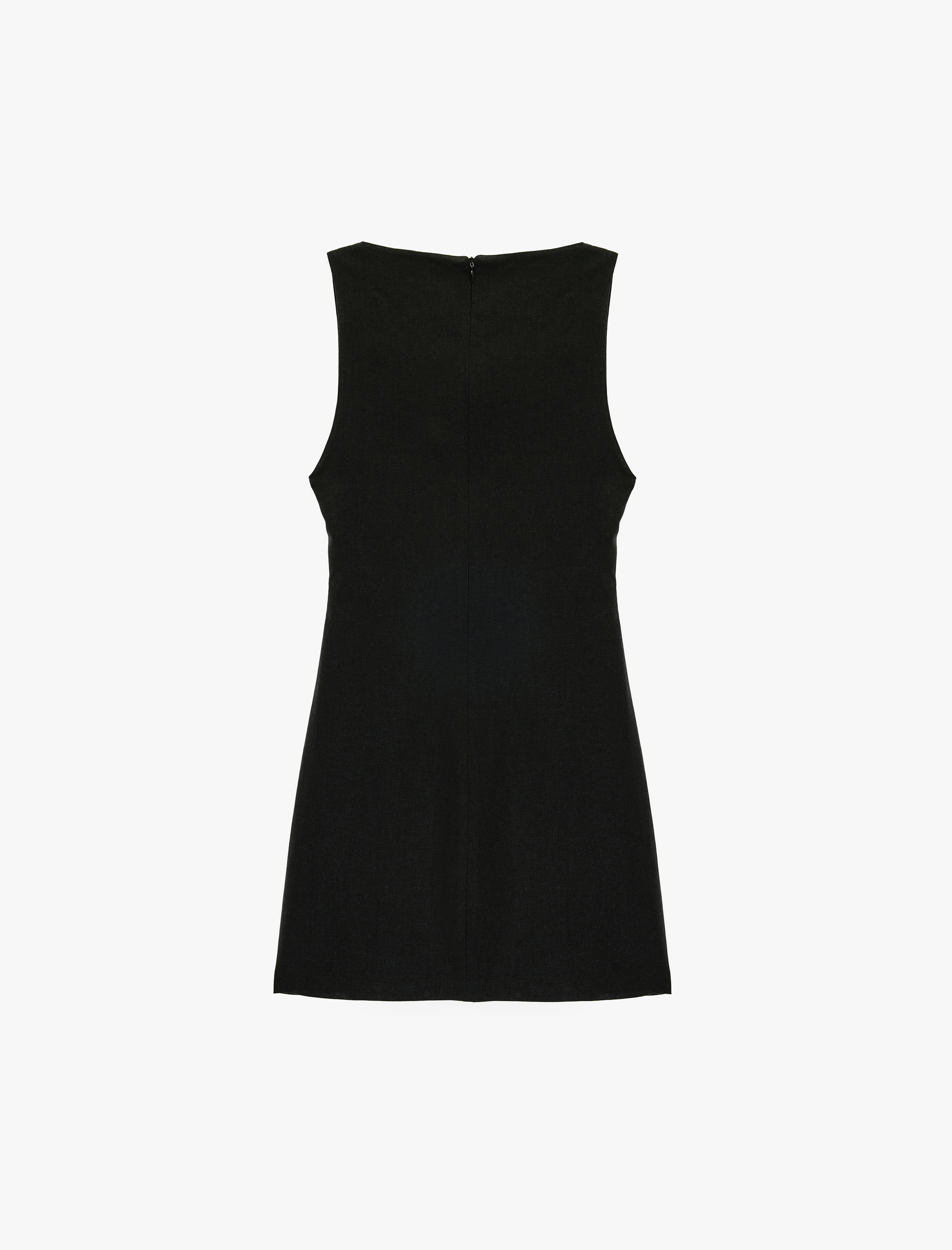   Kolsuz Bisiklet Yaka Aksesuar Detaylı Mini Keten Elbise