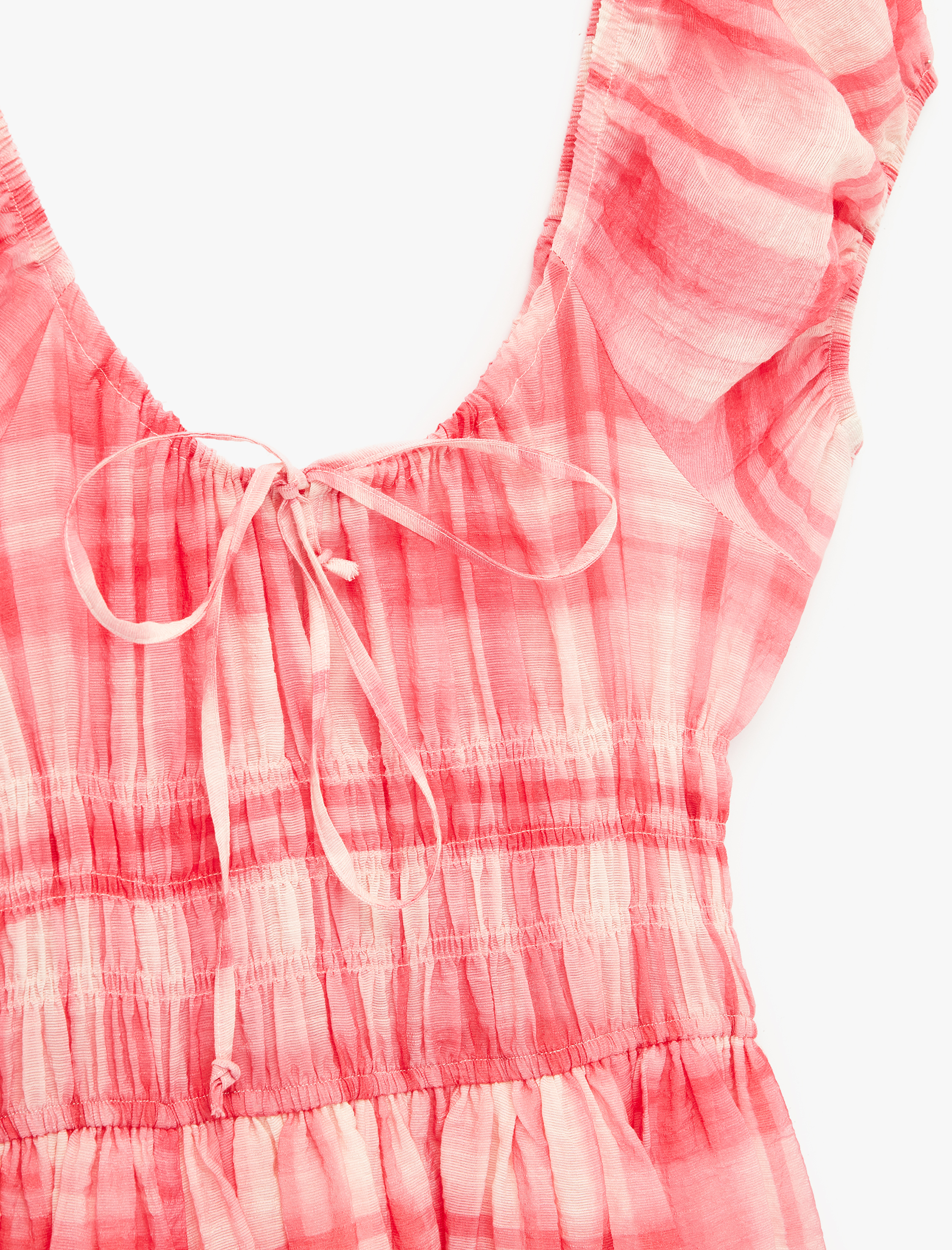   Viskon Kumaş Volümlü Fırfırlı Kısa Kollu Fiyonklu Bağlamalı U Yaka Kareli Uzun Elbise