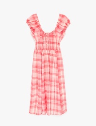 Viskon Kumaş Volümlü Fırfırlı Kısa Kollu Fiyonklu Bağlamalı U Yaka Kareli Uzun Elbise