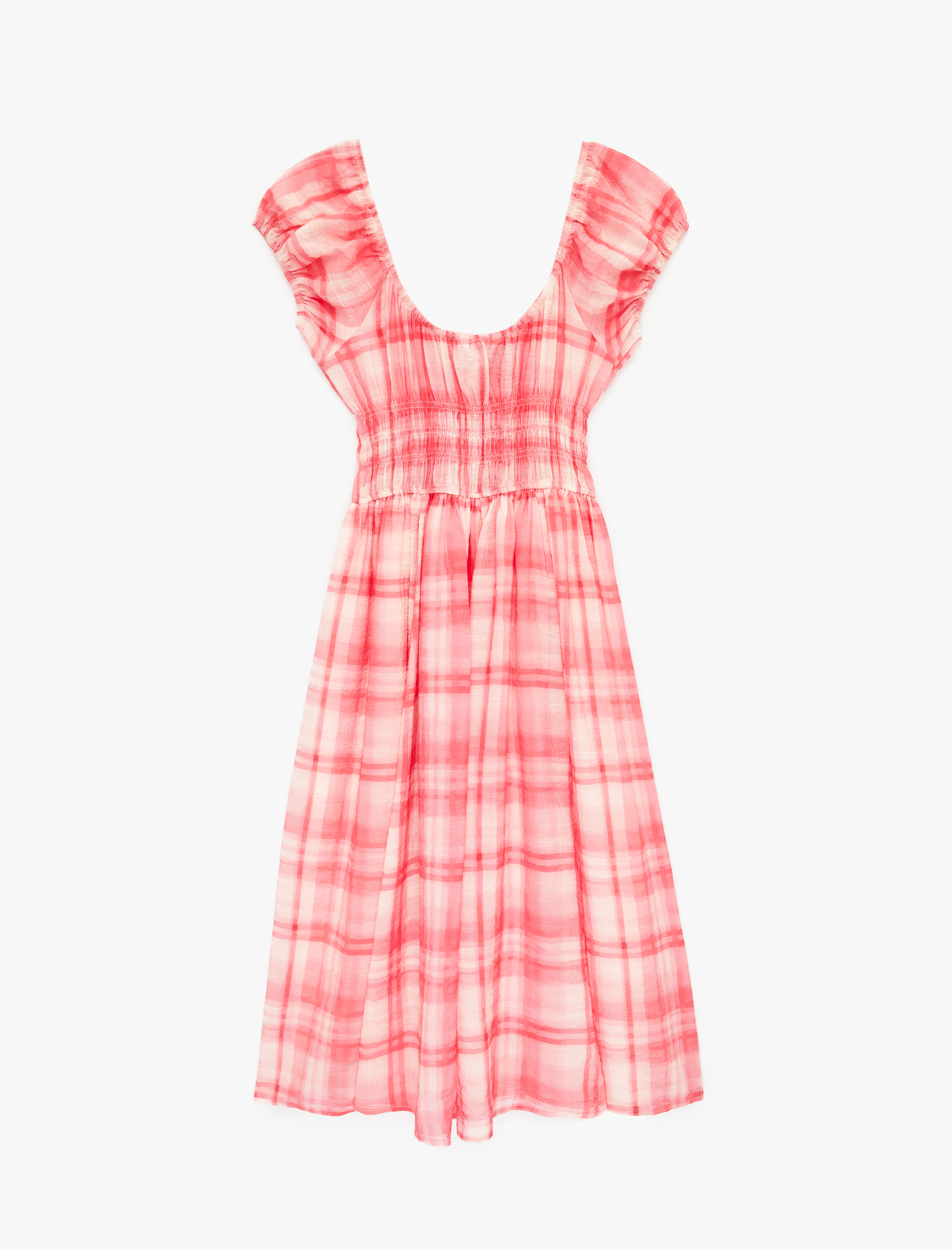   Viskon Kumaş Volümlü Fırfırlı Kısa Kollu Fiyonklu Bağlamalı U Yaka Kareli Uzun Elbise