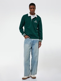 Regular Fit Şardonlu Renk Kontrastlı Çizgili Polo Yaka Baskılı Sweatshirt