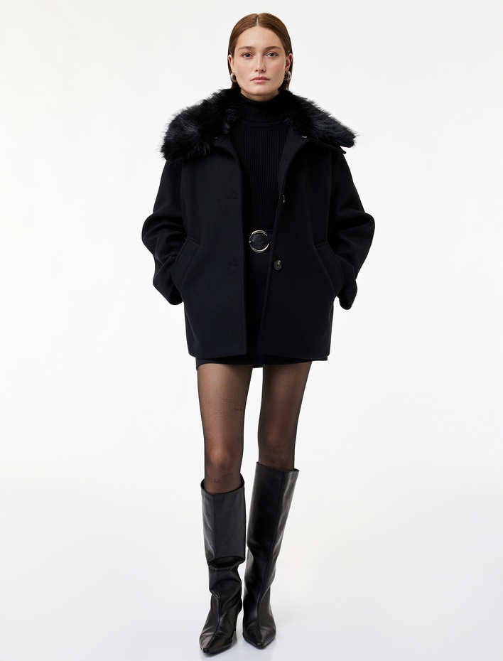  Çıkarılabilir Suni Kürk Yaka Kaşe Kaban Uzun Kollu Düğmeli